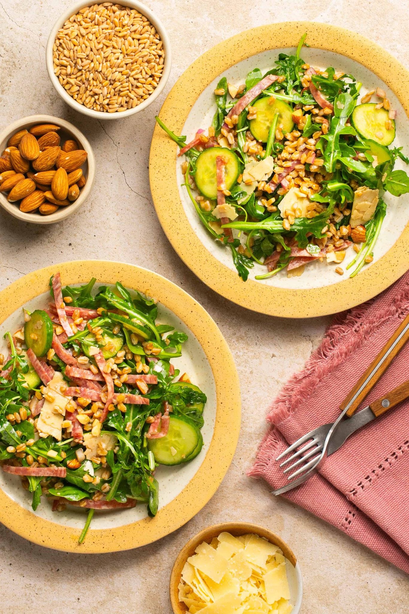 Farro, Arugula, Salami & Almond Salad | Every Last Bite Farro recipes