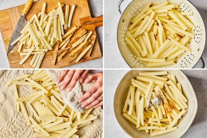 Cutting, rinsing and drying the fries
