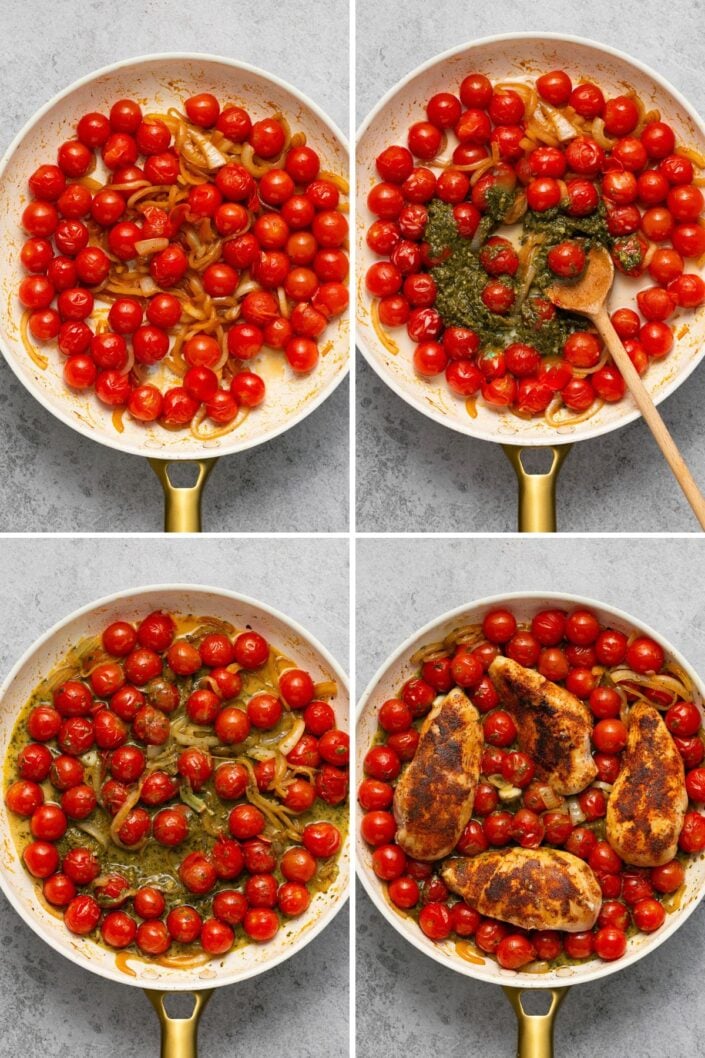 Making the pesto tomato sauce