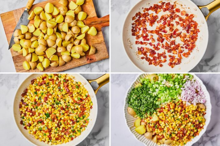 Chop the potatoes, cook the bacon and corn